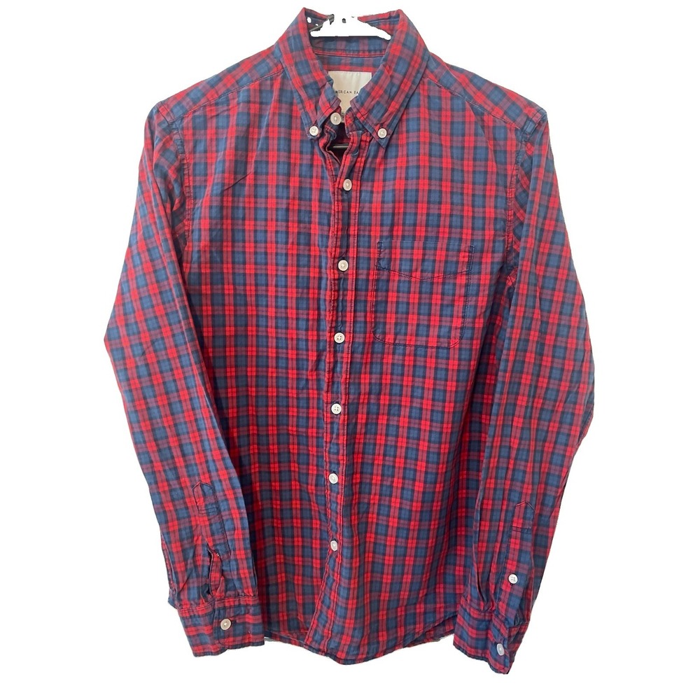 American Eagle Mens XS Red Navy Blue Plaid Button Down Shirt Cotton